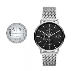 RELOJ  CABALLERO MARCA ARMANI  ACERO INOXIDABLE  EXT. METAL PETATILLO CARATULA NEGRA  GRABADO EN LASER EN TAPA
